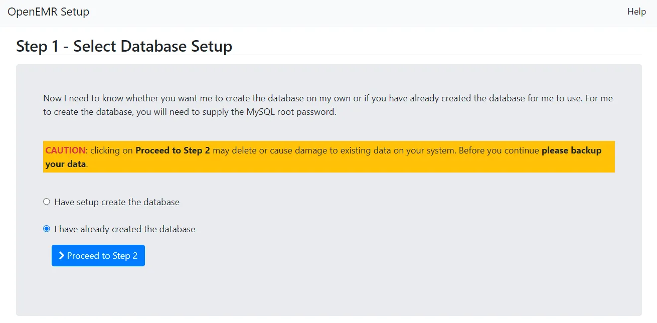 Step 1 - Select Database Setup