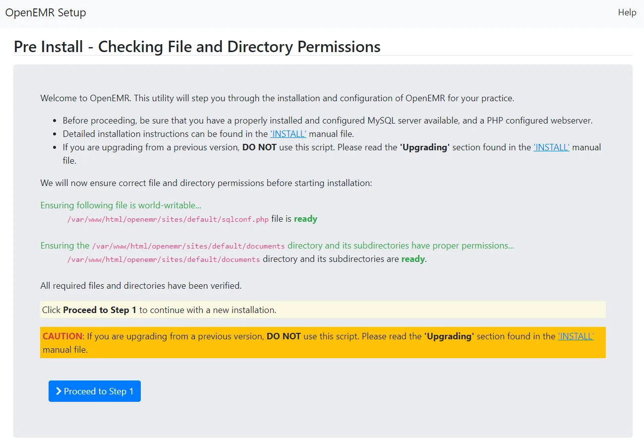 OpenEMR Pre-install Setup Page