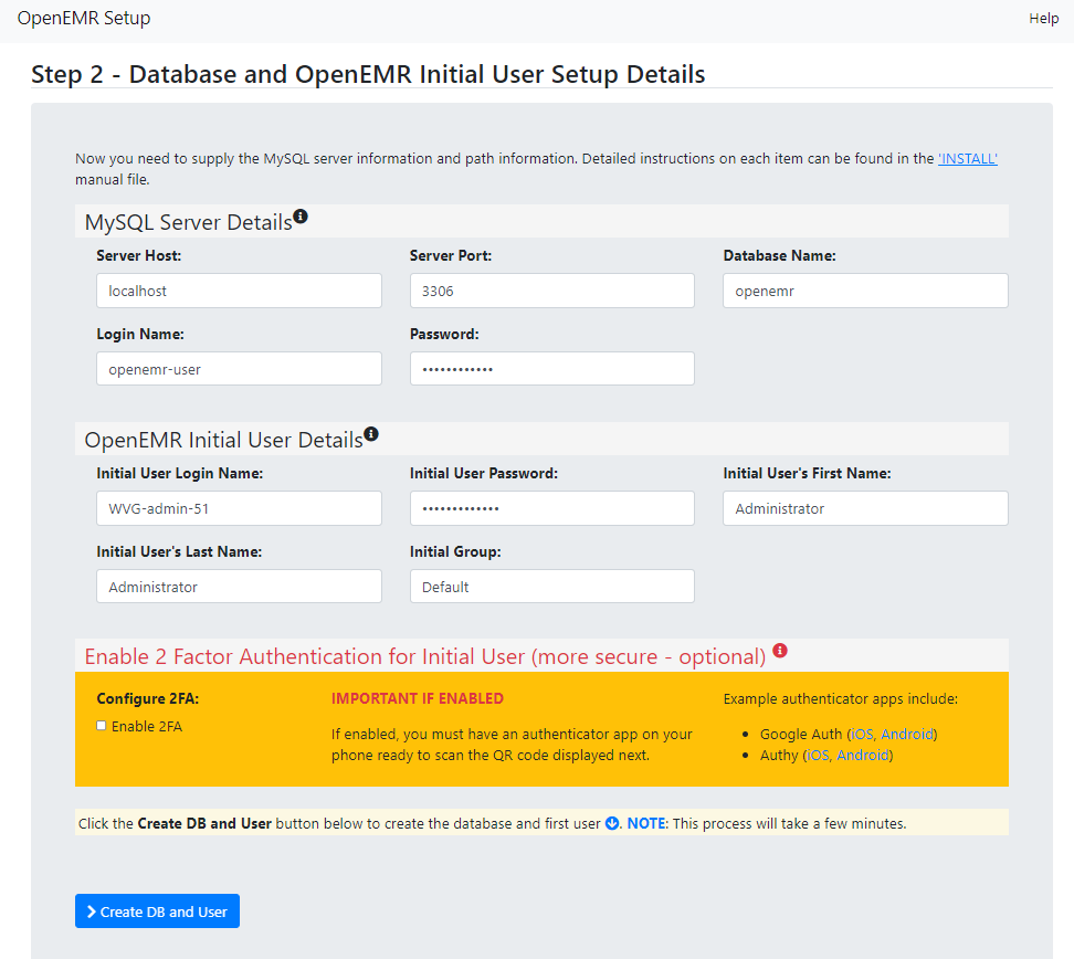 Step 2 - Database and OpenEMR Initial User Setup Details
