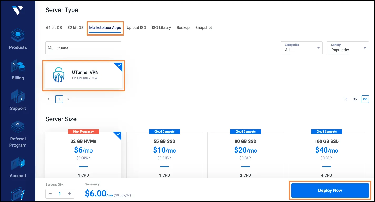 Screenshot of Vultr Console with UTunnel VPN Marketplace application selected.
