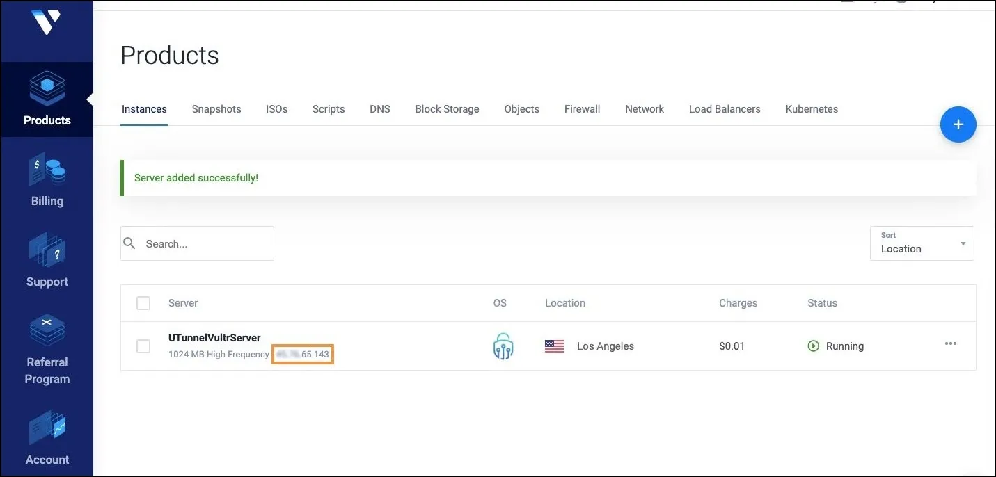 Screenshot of Vultr Console with the instance IP address 