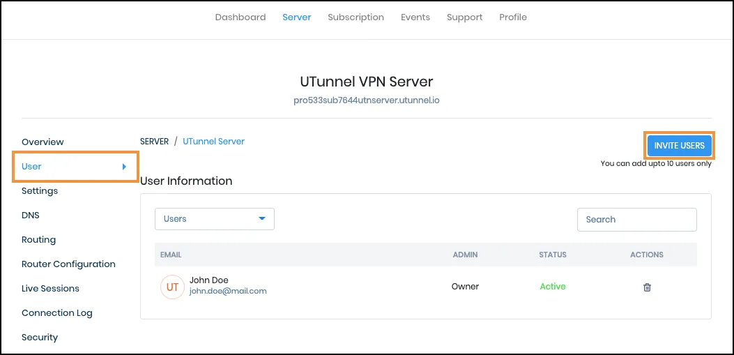 Screenshot of utunnel.io site showing Invite Users button highlighted.