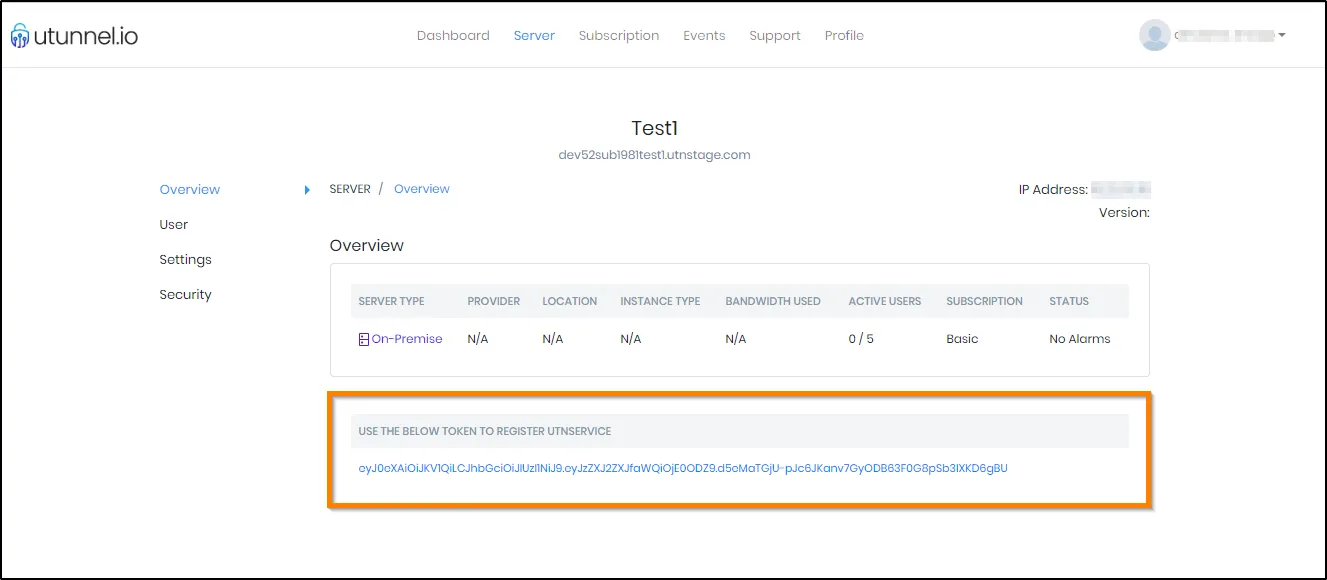 Screenshot of utunnel.io site showing registration token.