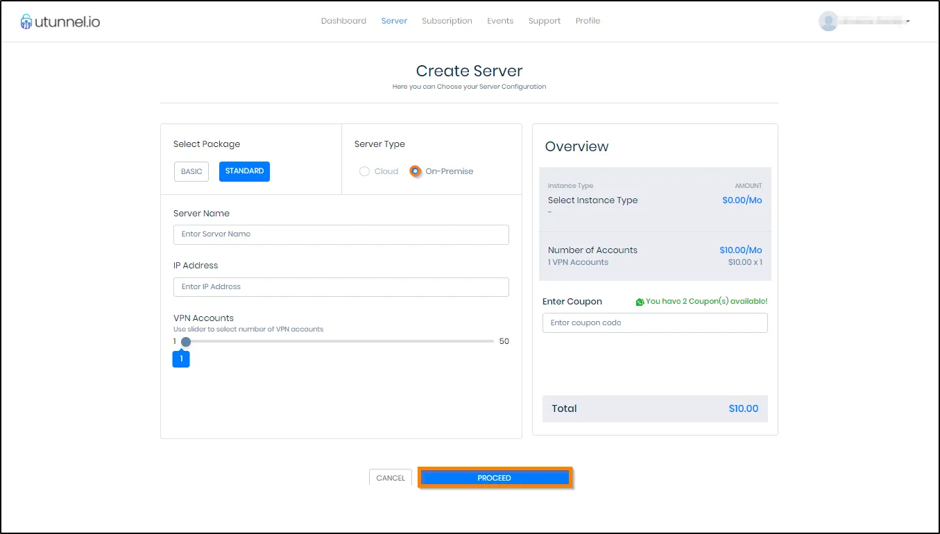 Screenshot of utunnel.io Create Server screen with Proceed button highlighted.