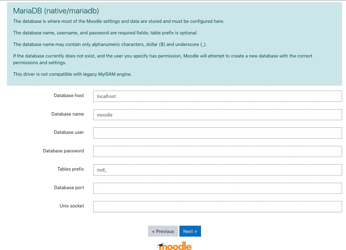 Moodle database setup