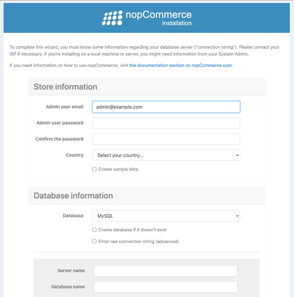 nopCommerce setup page