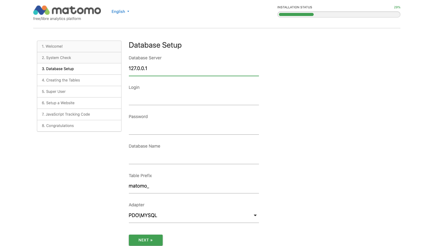 Matomo Analytics Database Setup Page