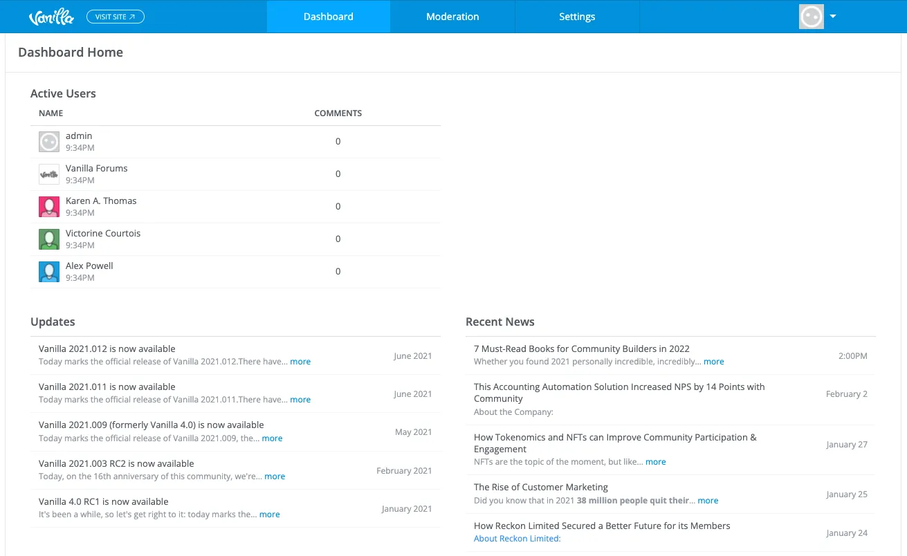 Vanilla Forum backend Dashboard