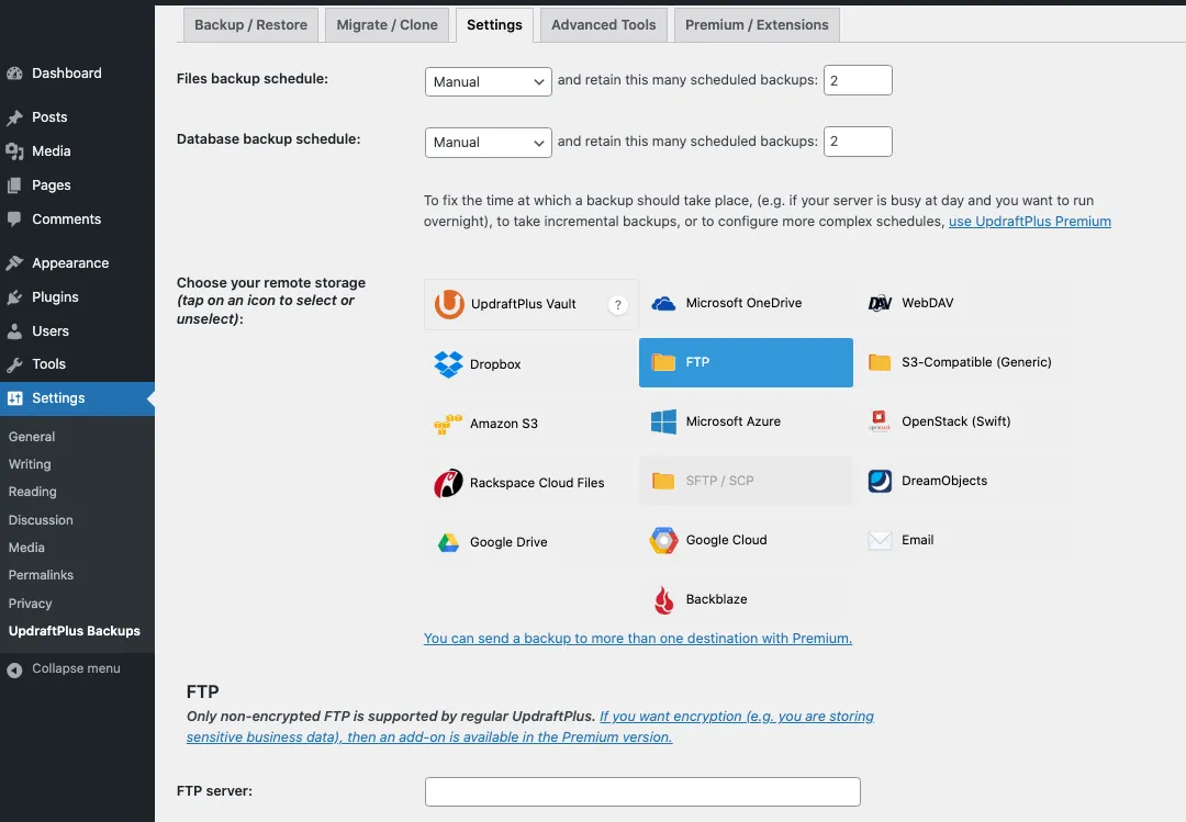 UpdraftPlus FTP Setup