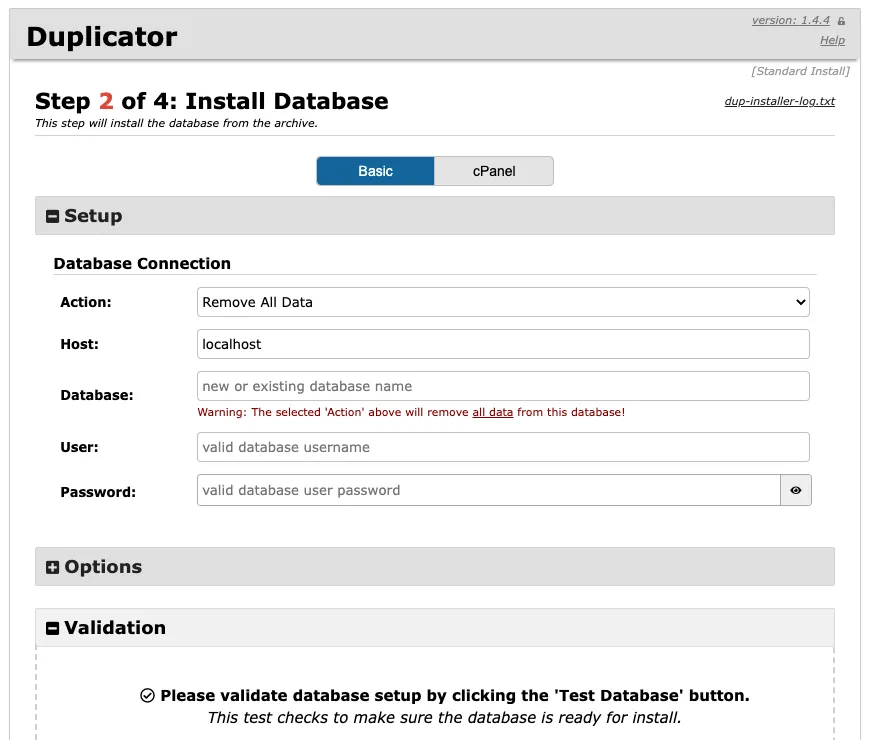Recovery database setup
