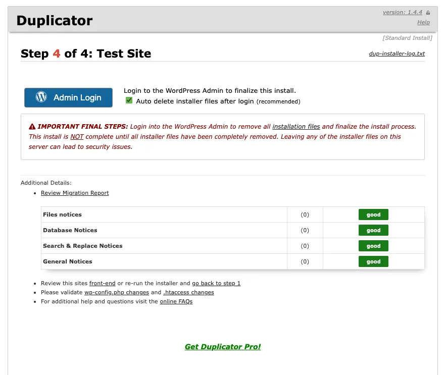 Duplicator Success Recovery Page