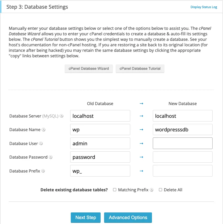 WordPress database setup