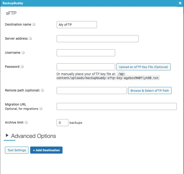 BackupBuddy Destination Setting