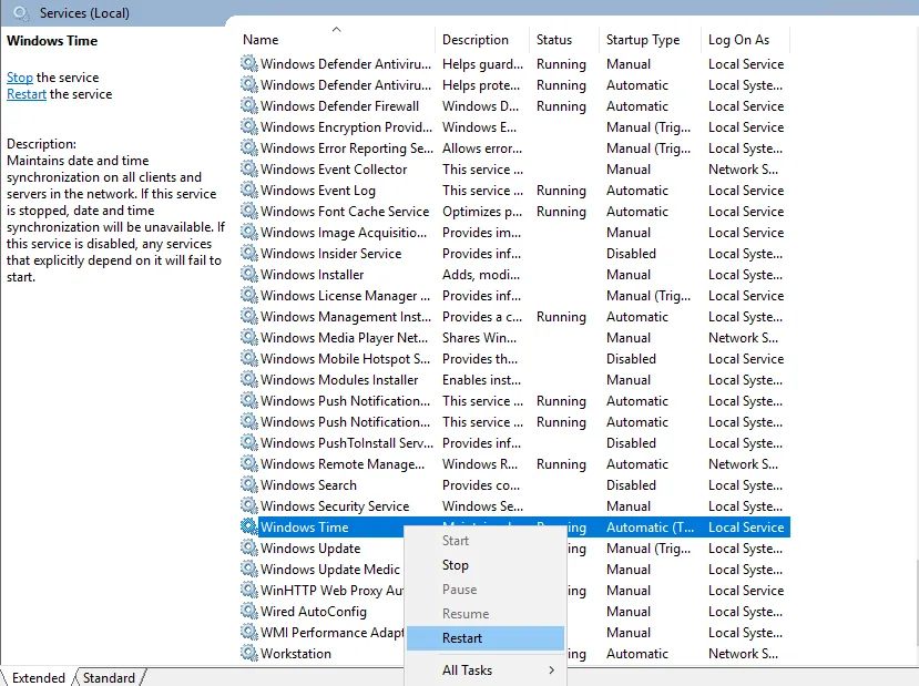 Restart the Windows Time Service