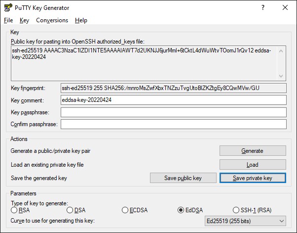 Create an ED25519 format keypair with PuTTY