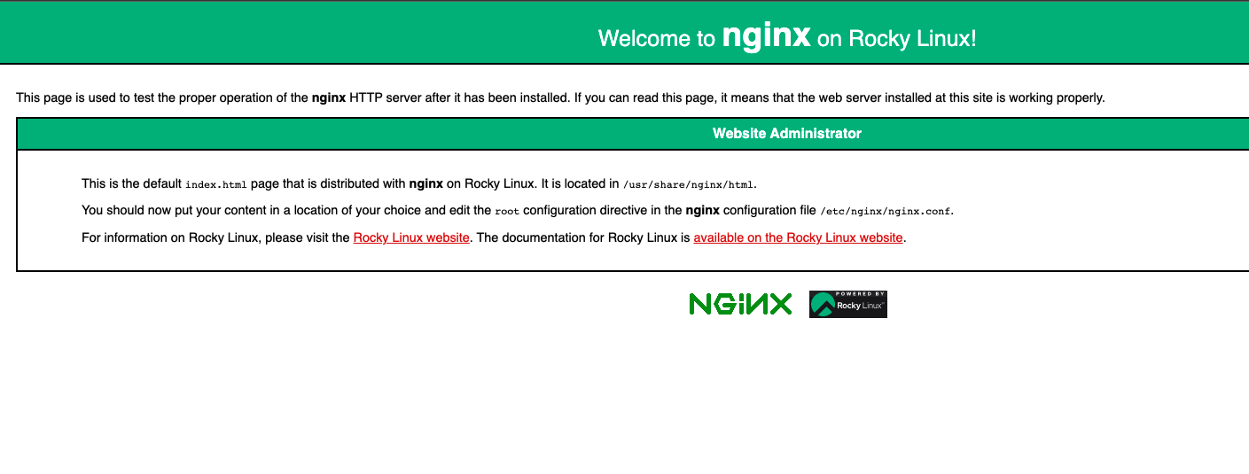 Default Nginx installation page on RockyLinux