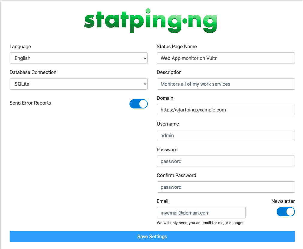 Statping configuration screen