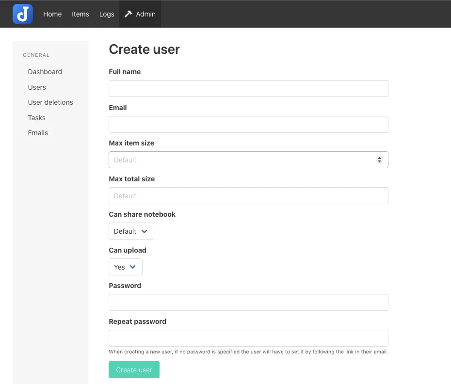 Create a new Joplin Server User account