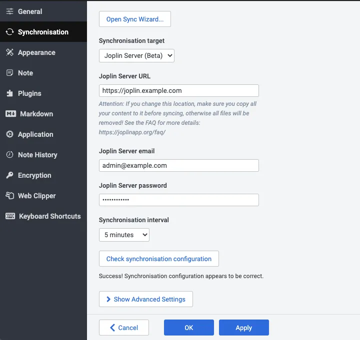 Joplin Client Synchronization with Server