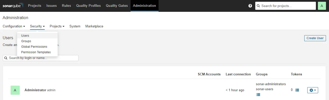SonarQube Users Menu