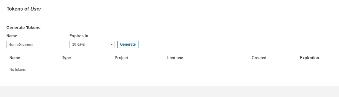 SonarQube User Token Dialog