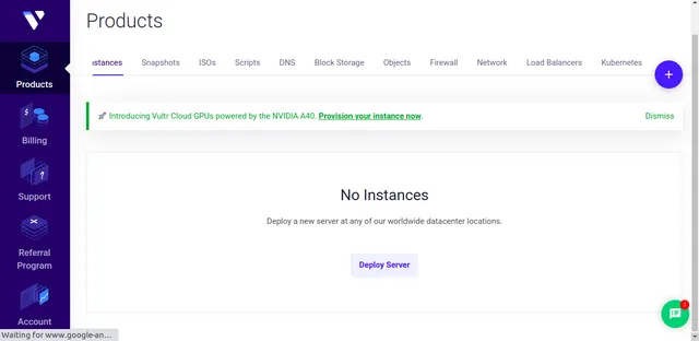Vultr Dashboard Screen