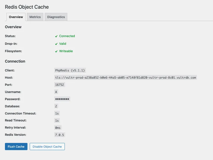 WordPress Redis® Object Cache Status