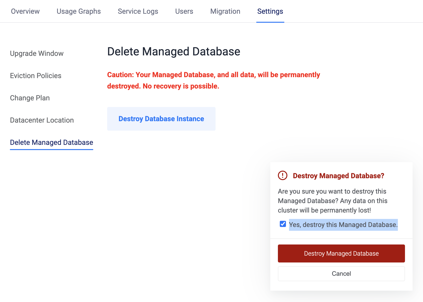 Delete Vultr Managed Database for Caching
