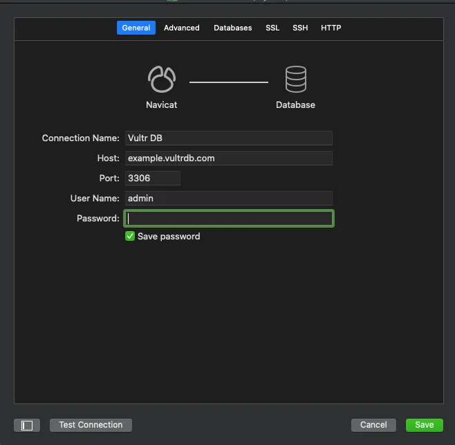 Setup Vultr Database connection using Navicat for MySQL
