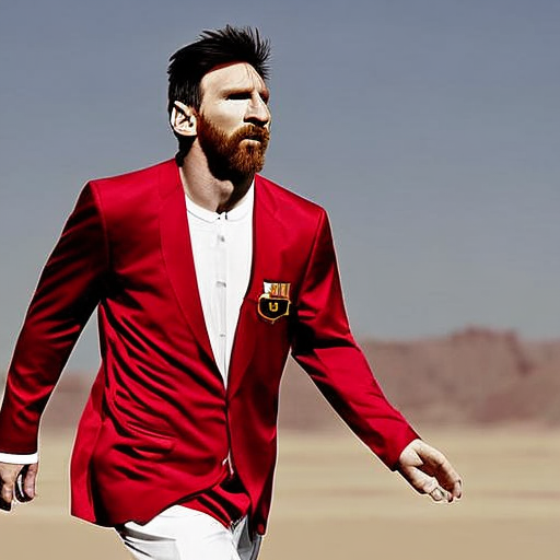 Lionel Messi wearing a red suit in a desert
