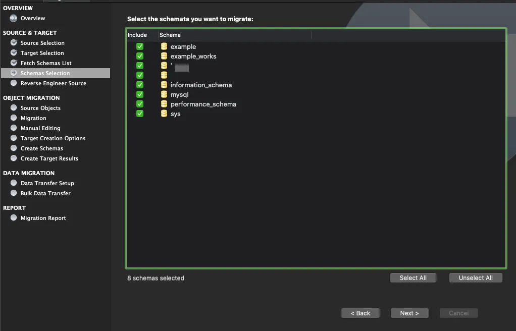 Select source database