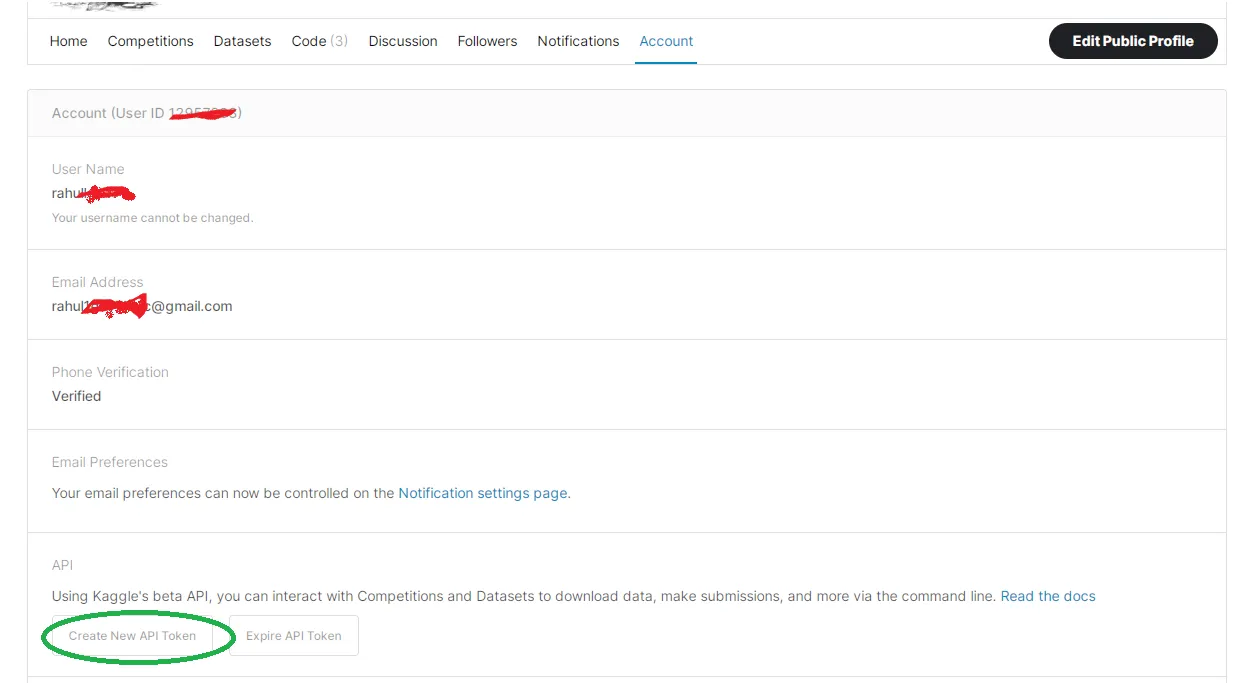 Create New API token button on the Kaggle
