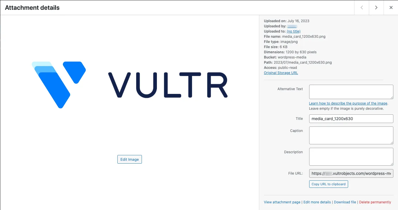 WordPress files uploaded to a Vultr Object Storage Bucket