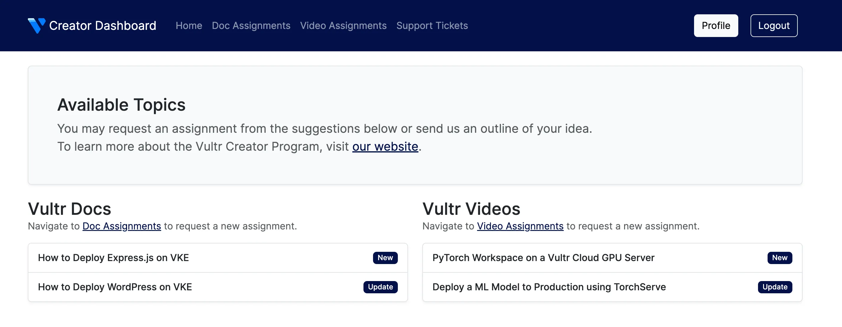 Available Topics in the Vultr Creator Dashboard
