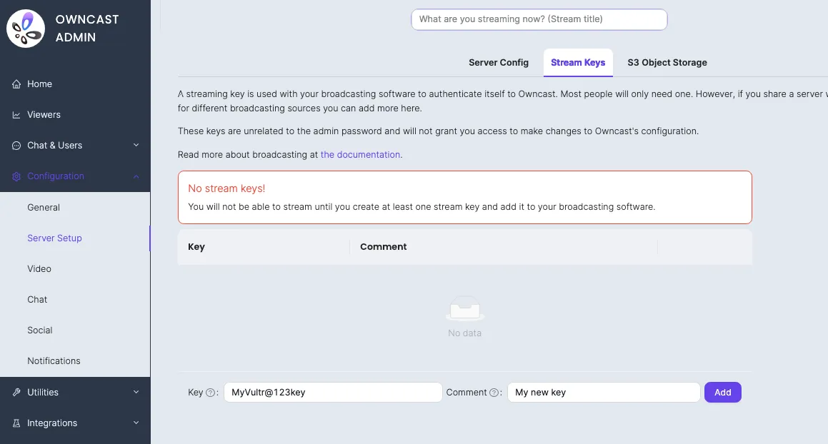 Setup Owncast Stream Keys