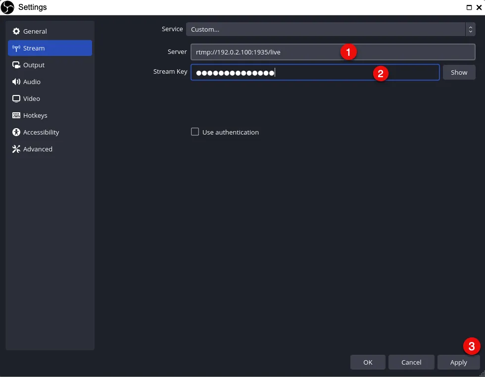 Set up a new Owncast RTMP streaming destination