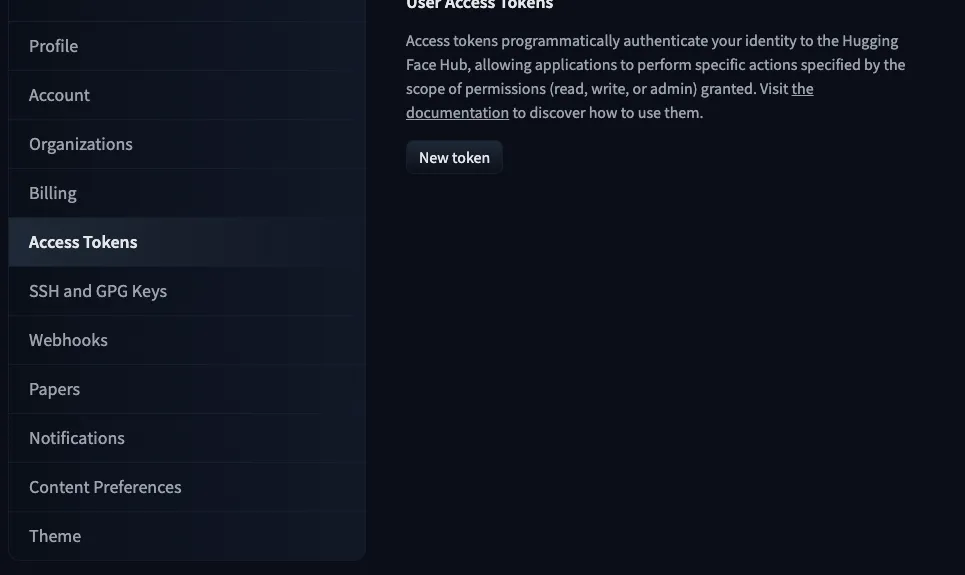 Hugging Face Access Tokens menu option