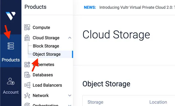 Object storage menu