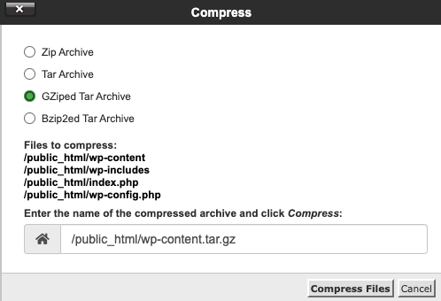 cPanel file compression results