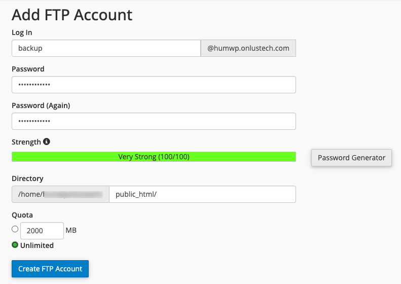 Create a cPanel FTP Account