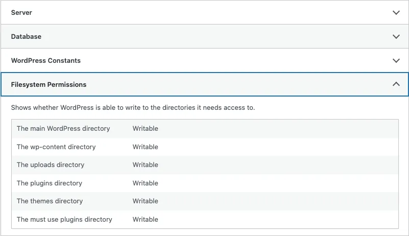 WordPress SiteHealth Information