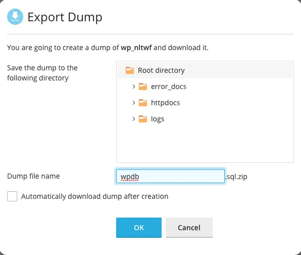 Create Plesk WordPress Database backup