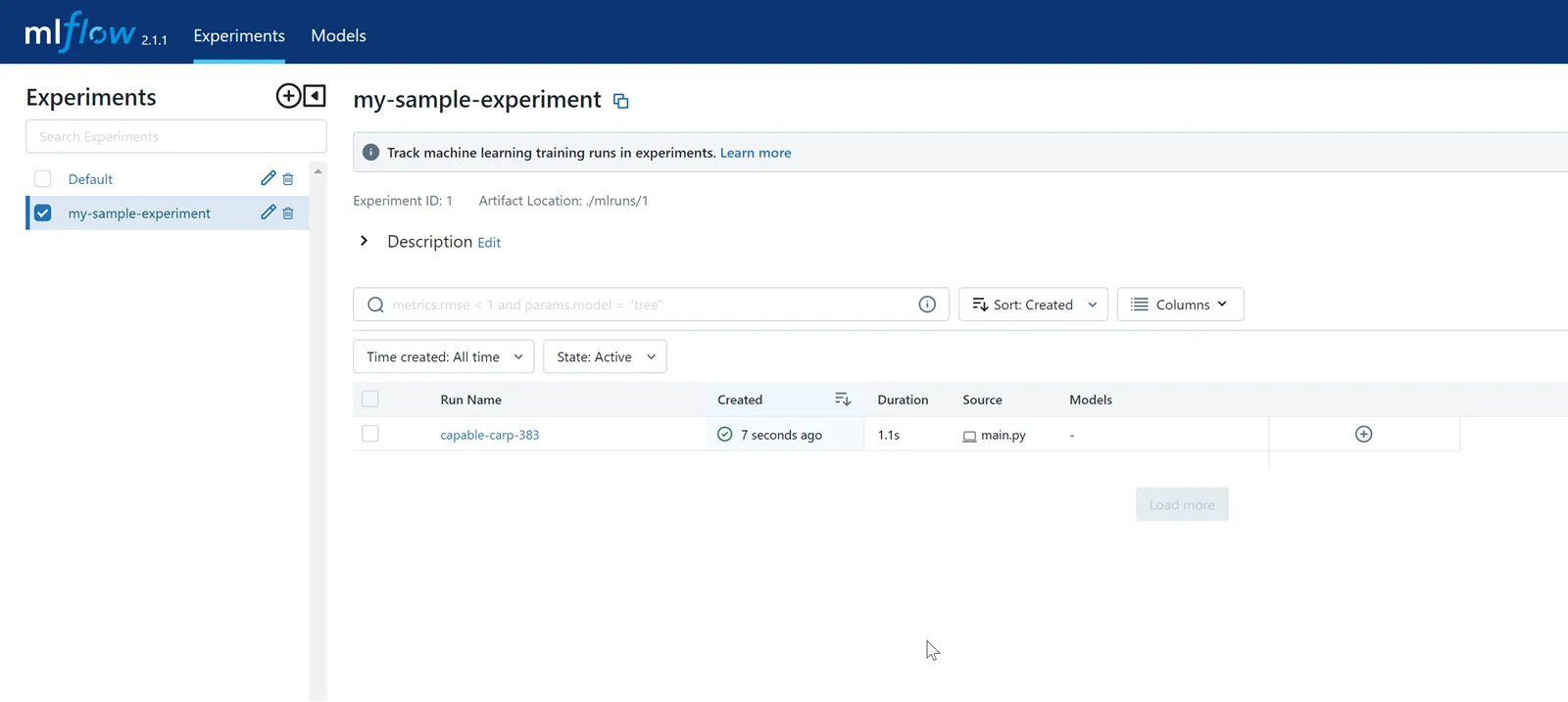 MLflow UI showing the diabetes linear regression experiment
