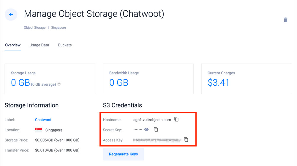Vultr Object Storage Credentials
