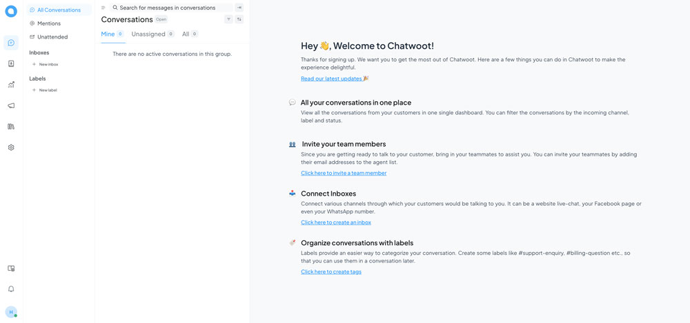 Chatwoot application dashboard