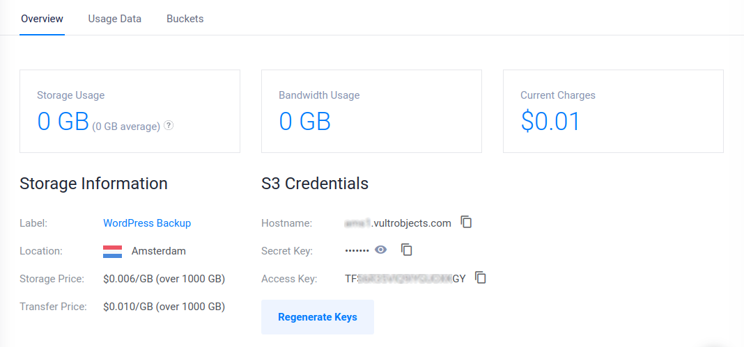 Vultr Object Storage Credentials