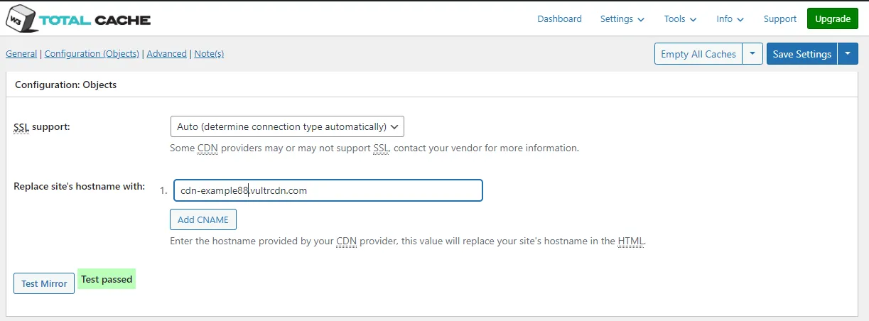 Enter the Vultr CDN Pull Zone Endpoint in W3 Total Cache