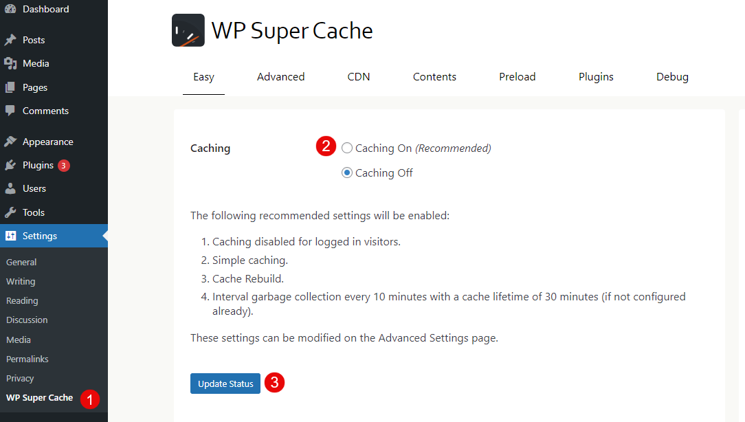 Access the WP Super Cache Plugin Page