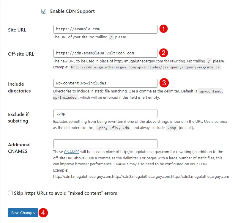 Configure WP Super Cache CDN Settings