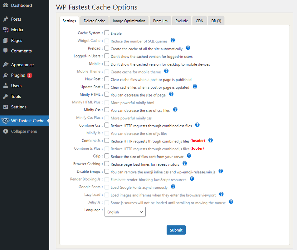 Enable WP Fastest Cache Options